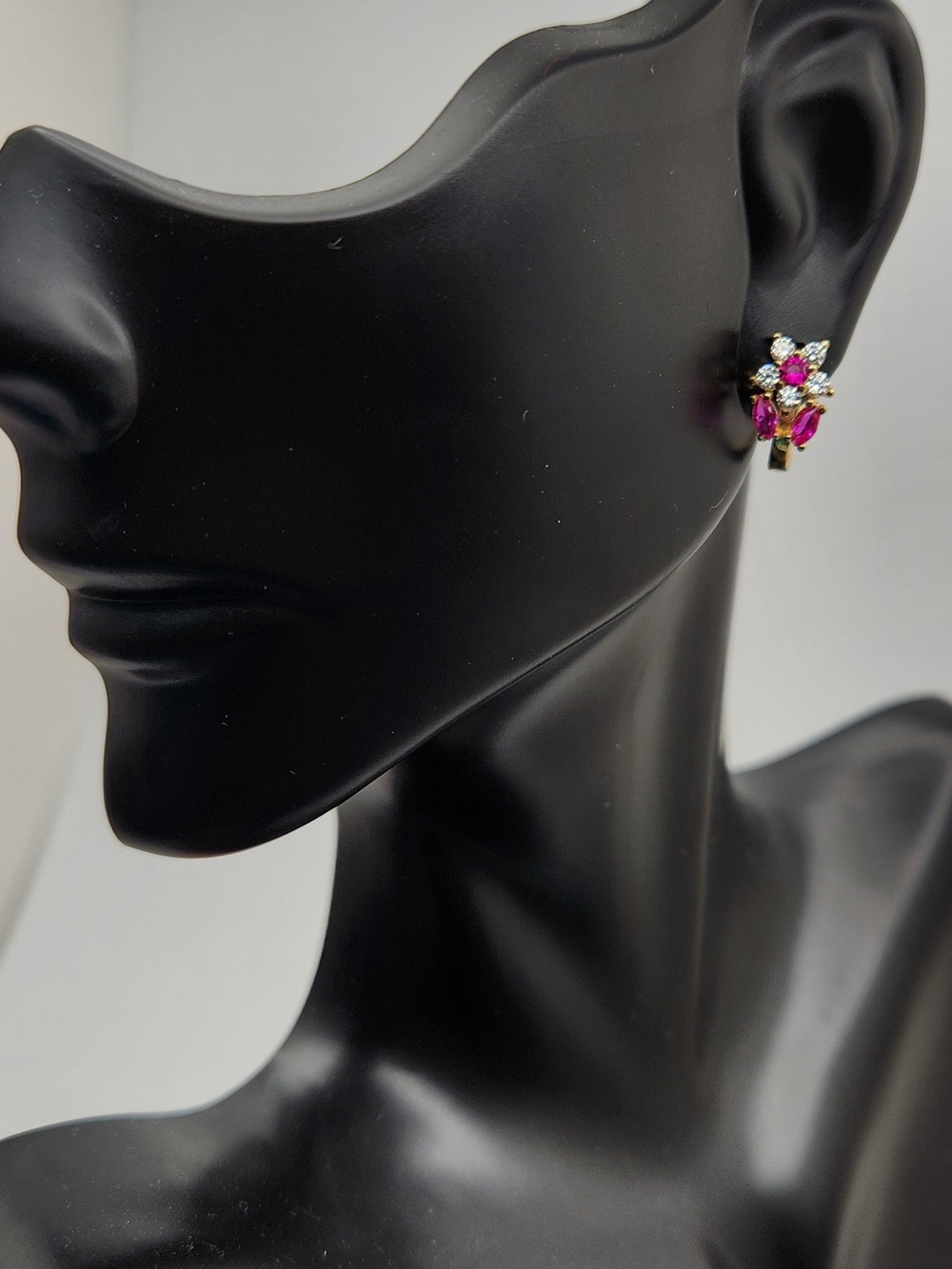 14k Solid Yellow Gold Flower Huggie Hoop Earrings 1.6g Ruby CZ